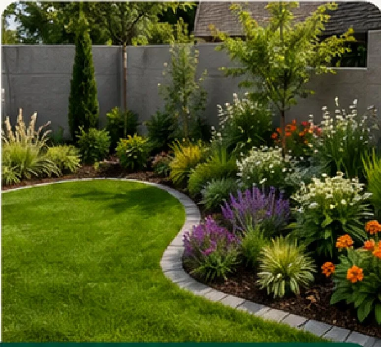 Planted garden beds beside a completed building
