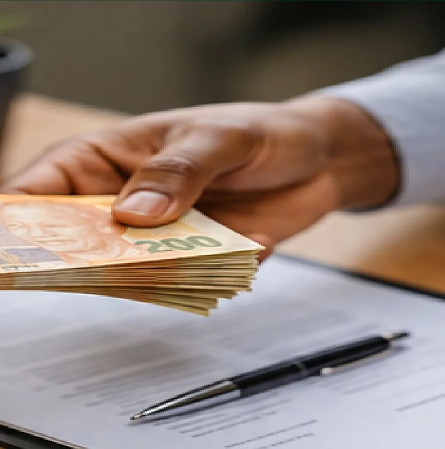 Cash loan being handed over across a desk with an agreement and pen