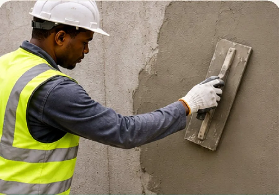 Site team applying wall plaster