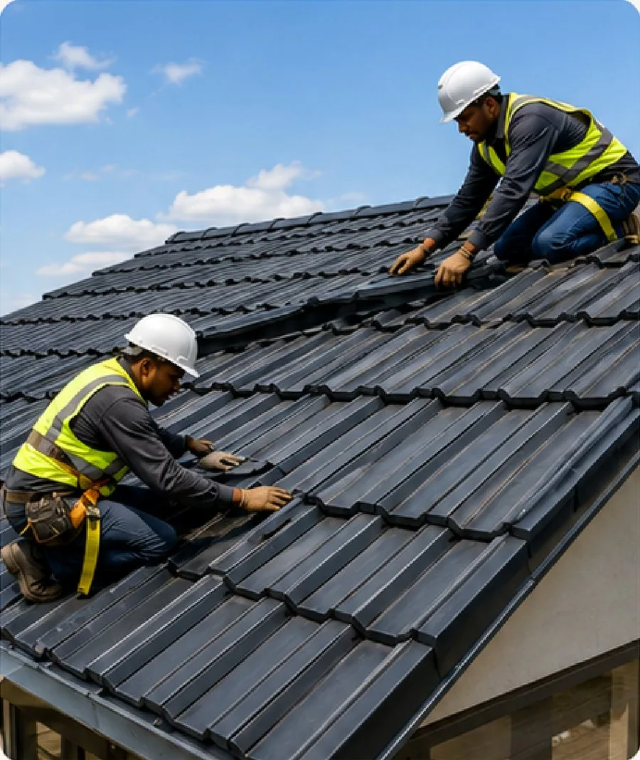 Roofers installing tiles on a new roof